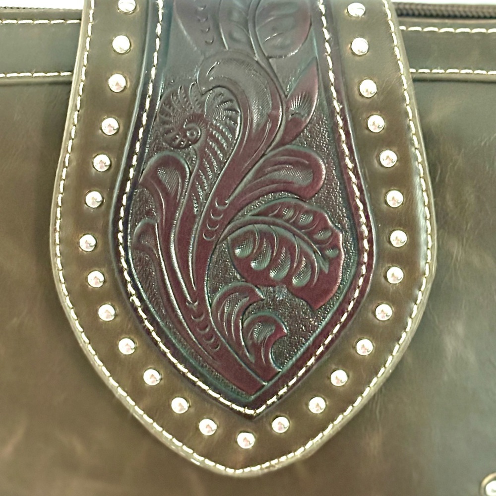 Montana West Western Style Tooled Leather And Studded Crossbody - Picture 6 of 15